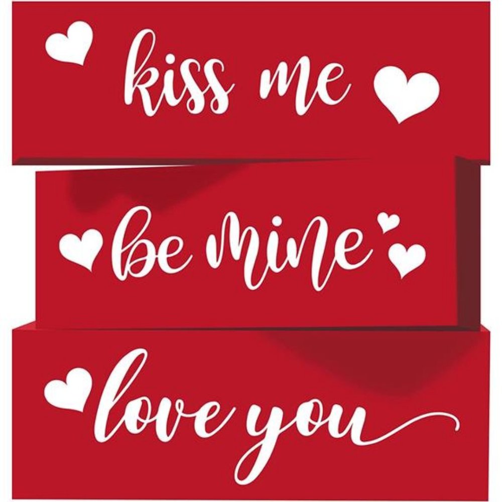 3-layered Red Wood Block Valentines Decorations Kiss Me Be Mine Love You, 3Pcs